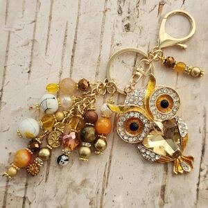 Rhinestone Owl Purse Charm or Keychain Glass Agate Granite Handcrafted